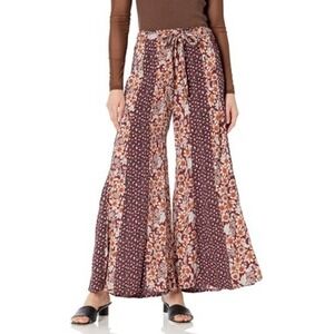 Angie Floral Patchwork Wide Leg Pants Burgundy Boho Palazzo Trousers Small